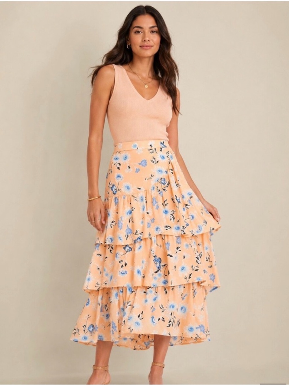 Ann Taylor Peach Tiered Skirt with Blue Floral Print